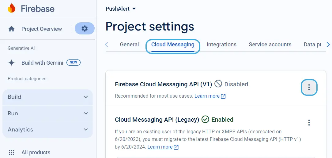 Enable Firebase Cloud Messaging API (V1)