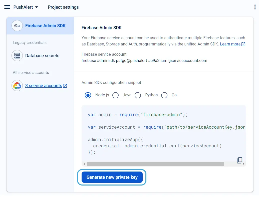 Generate Private Key JSON File for Firebase Cloud Messaging