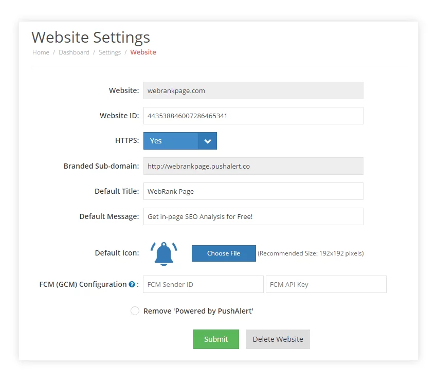 PushAlert HTTPS Website Settings