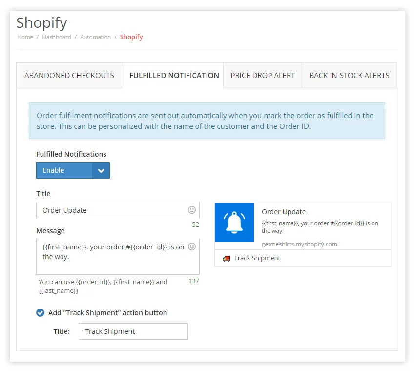 PushAlert Shopify Shipment Notification