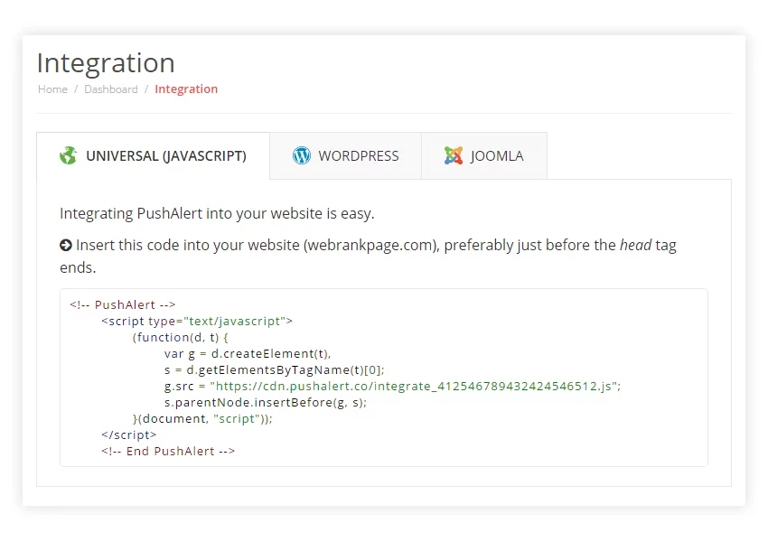 PushAlert Universal Ingtegration Code